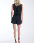 Agus set in black, waistcoat and tailored shorts, back view on model.