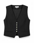 Agus waistcoat in black showing the deep V neckline, five gold buttons and welt pockets, front view.