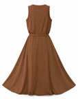 Ariene knit midi dress in copper cedar showing the fitted bodice and full A line skirt, back view.
