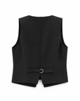 Agus waistcoat in black showing the princess seaming and back belt with a gold ring buckle, back view.