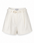 Off-white pleated shorts with a matching belt and gold-tone buckle, shown on a plain white background.