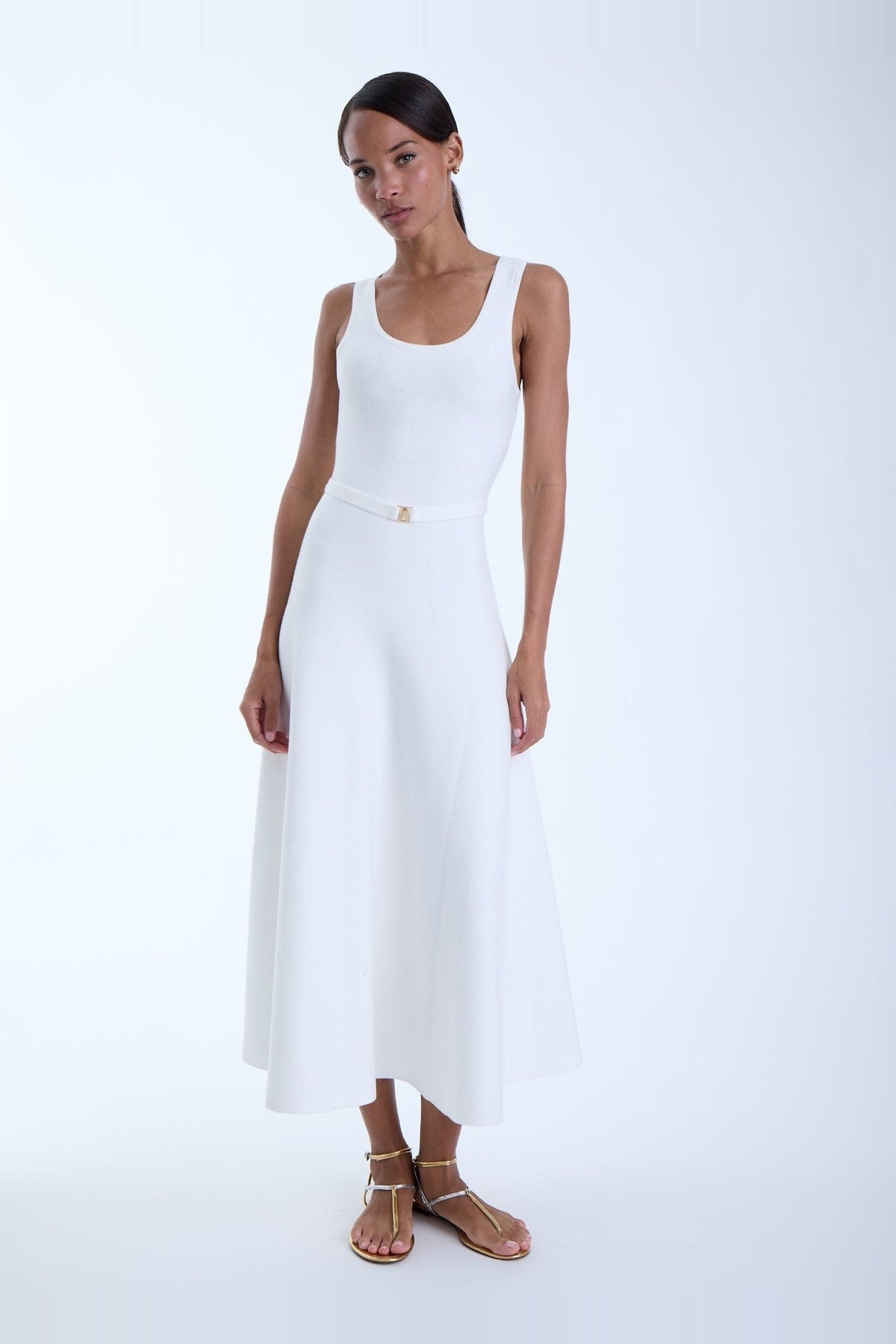 Daisy Knit Maxi Dress in white, front view on model, scoop neck with a slim belt and a full length A line skirt