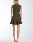 Sain mini dress in army green with a fluted flared skirt and matching belt, back view on model.