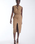 Enzo vegan leather midi skirt in camel with a full length gold front zip, front view on model.