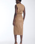 Enzo vegan leather midi skirt in camel showing the flared hem panel, back view on model.