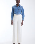 Alex high waisted wide leg trousers in ecru with a gold buckle self belt and pressed crease, front view on model.