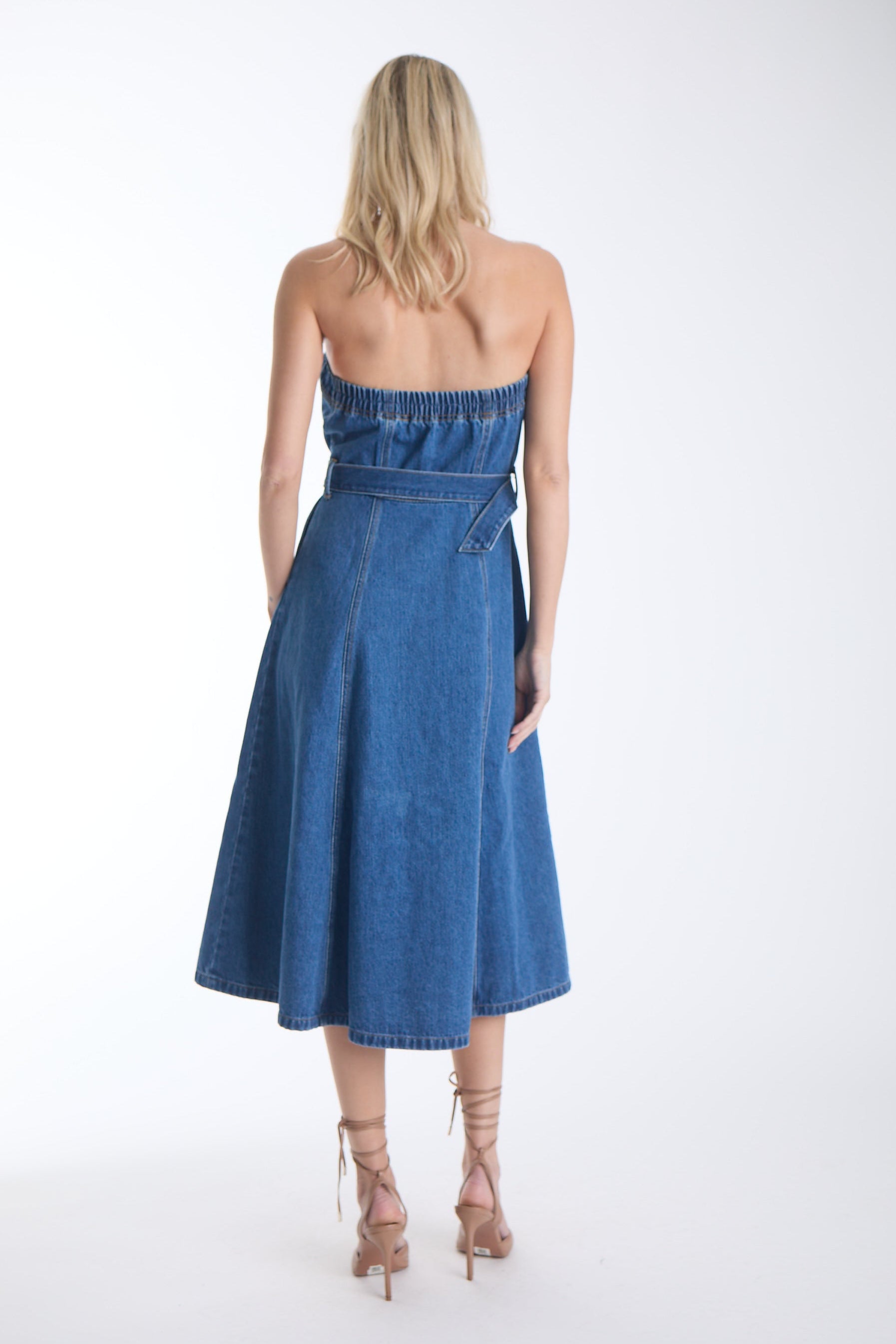 Mica strapless denim midi dress in cotton denim, back view on model.