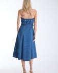 Mica strapless denim midi dress in cotton denim, back view on model.