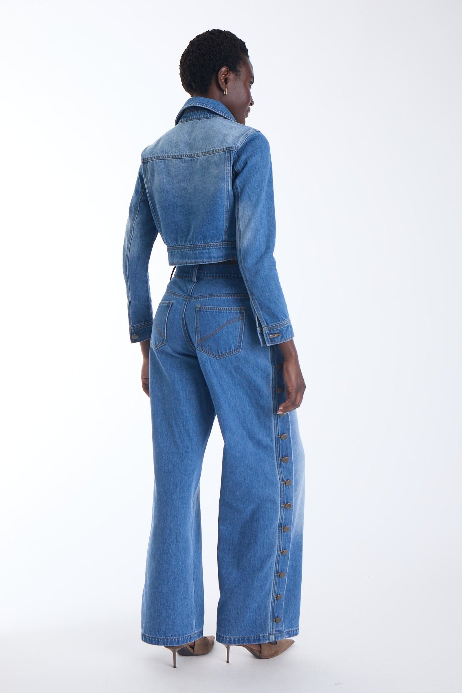 Mica cropped denim jacket in cotton denim, back view on model.