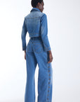 Mica cropped denim jacket in cotton denim, back view on model.