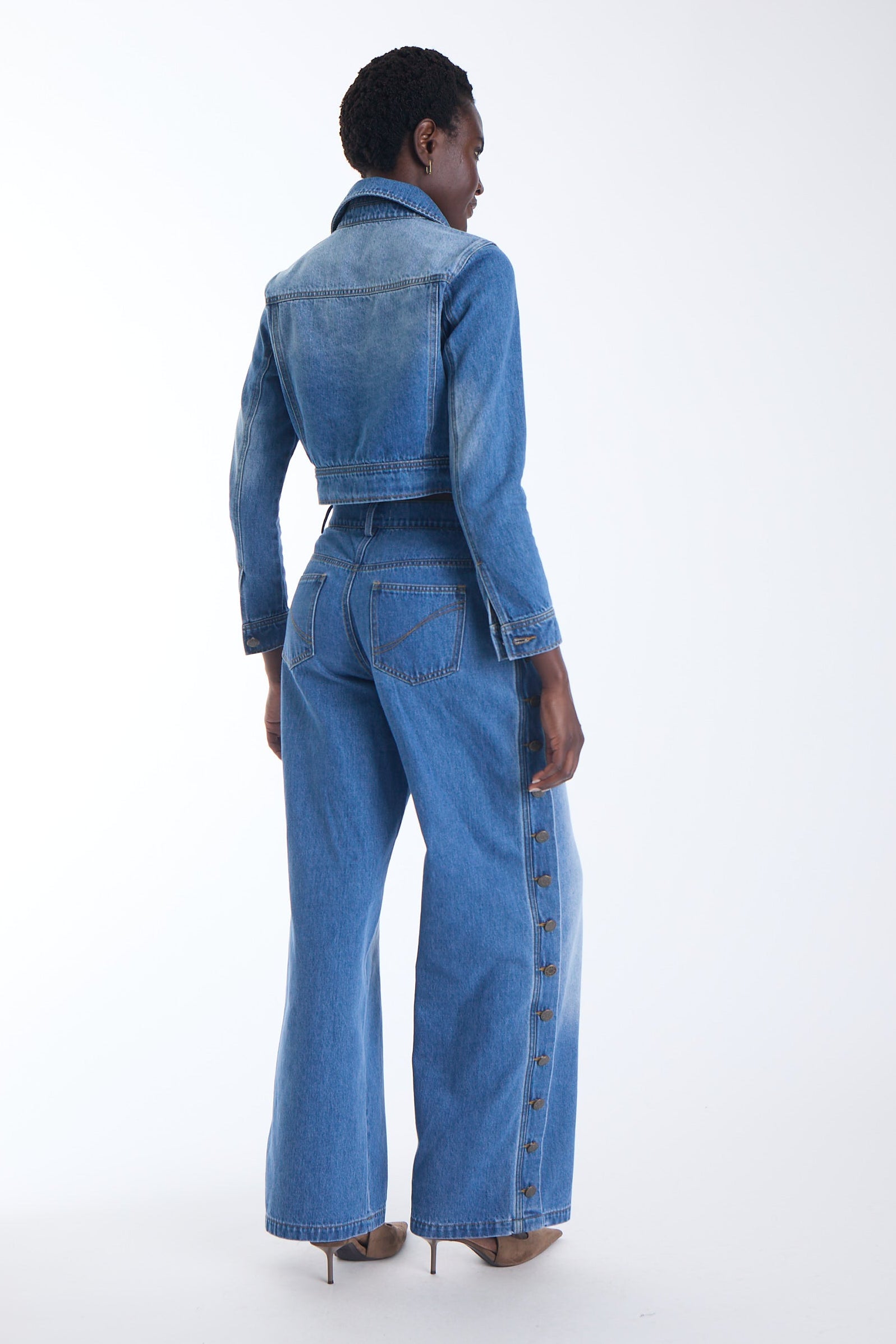 Mica wide leg jeans in denim blue worn with the Mica Denim Jacket, back view on model.