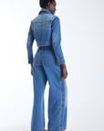 Mica wide leg jeans in denim blue worn with the Mica Denim Jacket, back view on model.