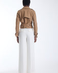 Vida cropped vegan leather trench jacket in camel, back view on model.