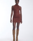 Kai vegan suede mini dress in copper cedar with a mock neck and panelled seaming, front view on model.