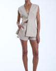 Woman wearing beautiful set on white background 