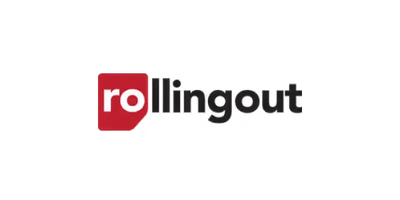 Rolling Out logo with red square and black text on a white background