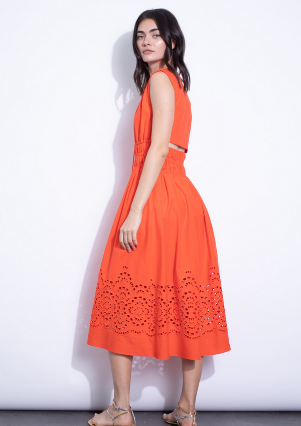 HONORATA MIDI EYELET DRESS - CORAL RED