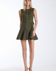 Sain mini dress in army green with a full length gold front zip and ring buckle belt, front view on model.