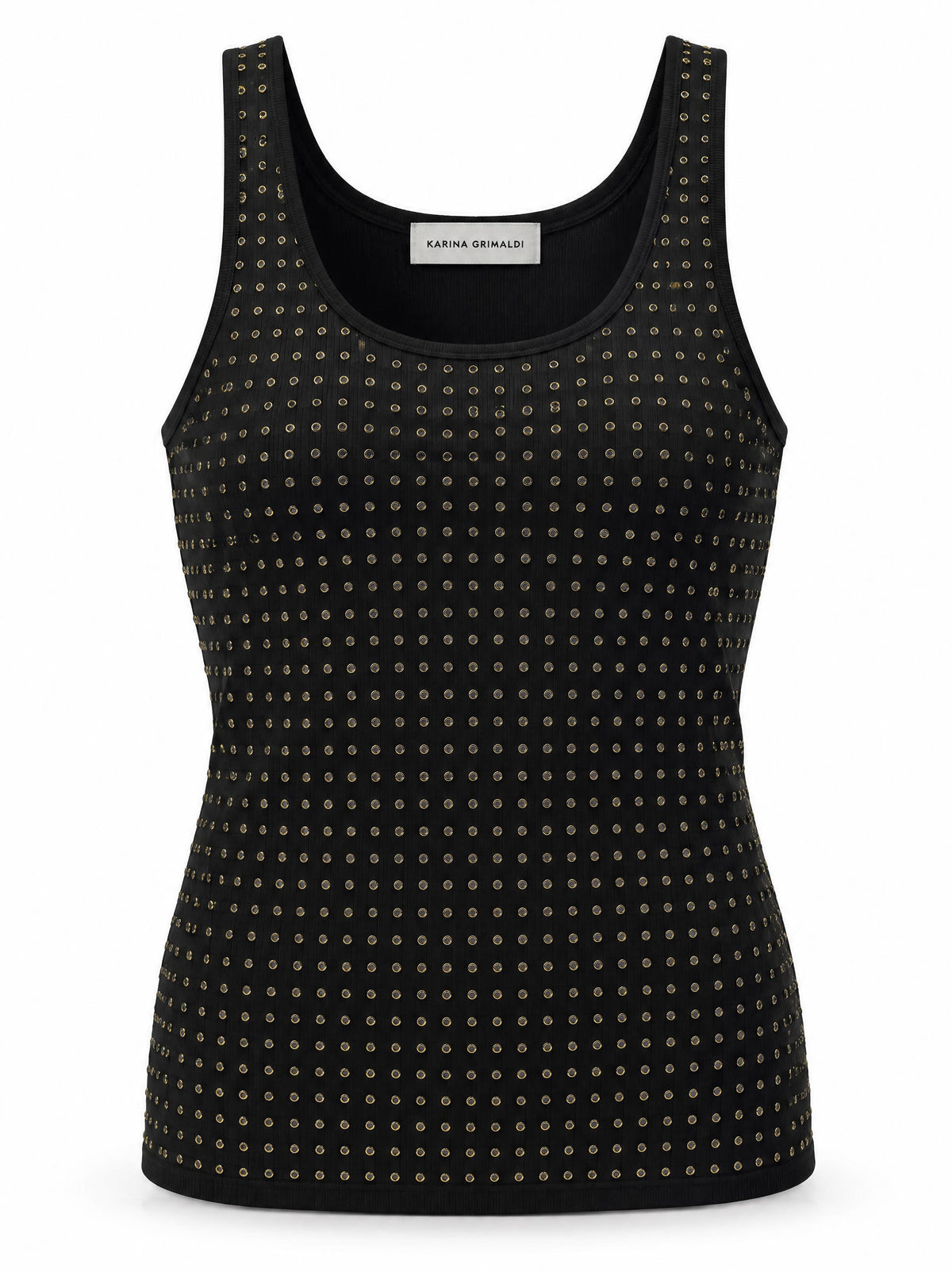 Karina Grimaldi Bowie Embellished Knit Tank in black, front view, scoop neck with allover gold studs