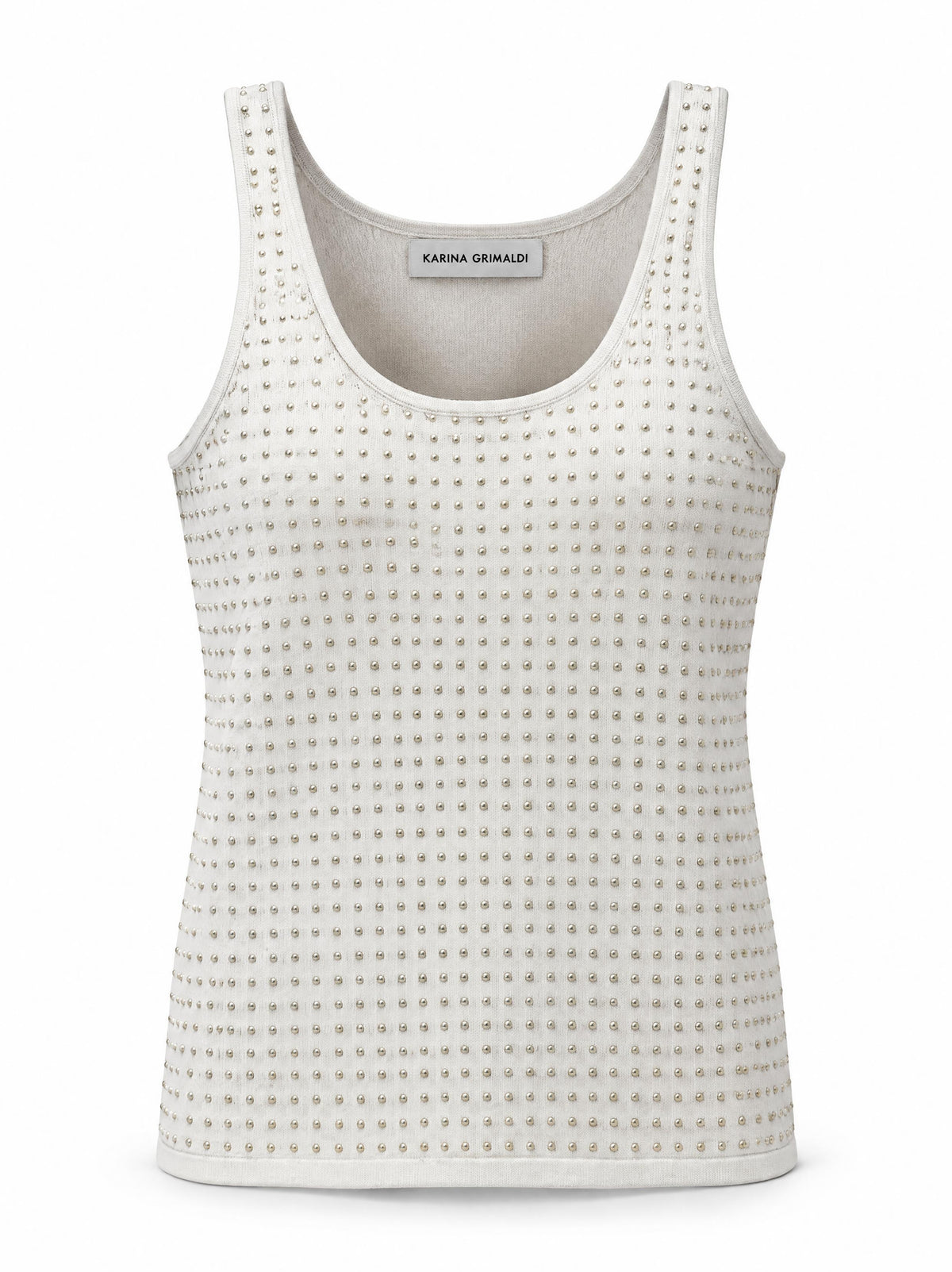 Karina Grimaldi Bowie Embellished Knit Tank in ivory, front view, scoop neck with allover studs