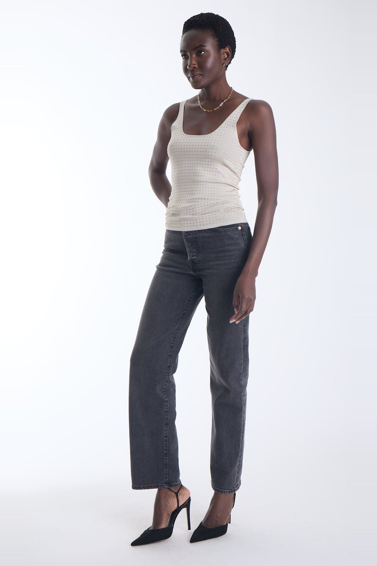 Karina Grimaldi Bowie Embellished Knit Tank in ivory, front view on model, scoop neck with allover gold studs