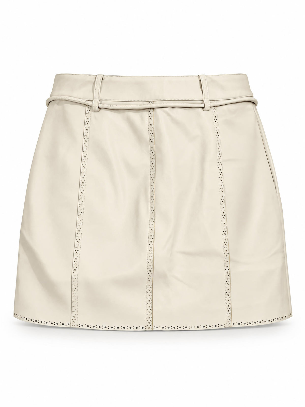 Karina Grimaldi Brair Vegan Leather Skirt in stone, back view with punched trim at the hem