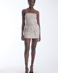 Karina Grimaldi Brair Vegan Leather Skirt in stone, front view on model, mini length with a tie belt and perforated trim at the hem