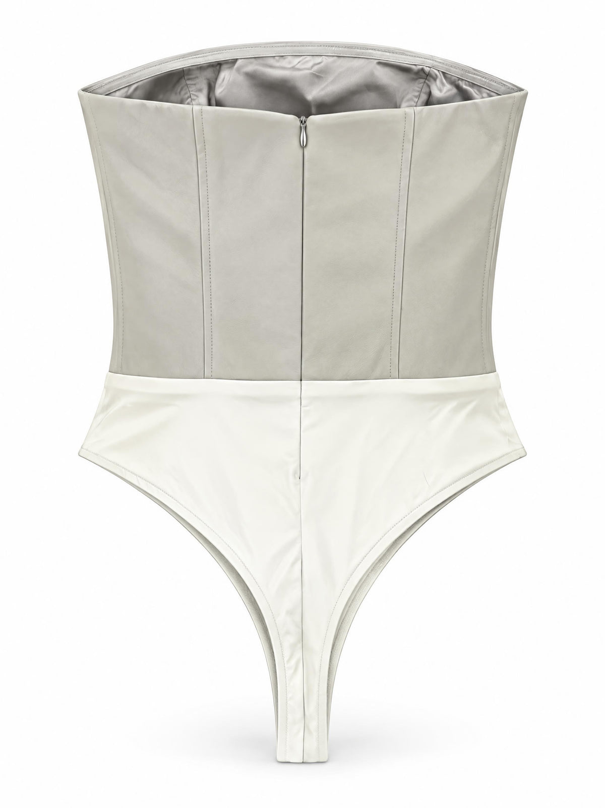 Karina Grimaldi Calla Vegan Leather Body Suit in stone, back view with a centre back zip