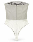 Karina Grimaldi Calla Vegan Leather Body Suit in stone, back view with a centre back zip