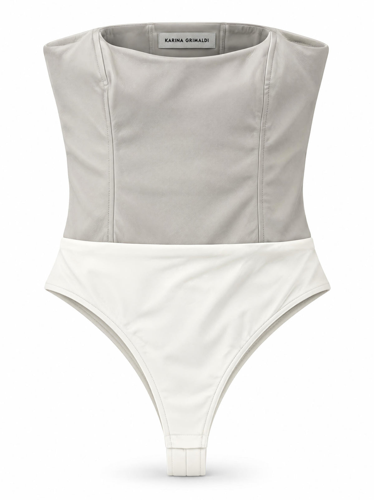 Karina Grimaldi Calla Vegan Leather Body Suit in stone, front view, strapless with a straight neckline and panel seams