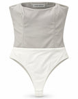 Karina Grimaldi Calla Vegan Leather Body Suit in stone, front view, strapless with a straight neckline and panel seams
