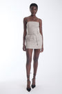 Karina Grimaldi Calla Vegan Leather Body Suit in stone, front view on model, strapless, worn with the matching Brair Vegan Leather Skirt