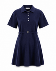 Karina Grimaldi Elsa Knit Mini Dress in navy, front view, polo collar with a button placket and a slim belt with a gold buckle.