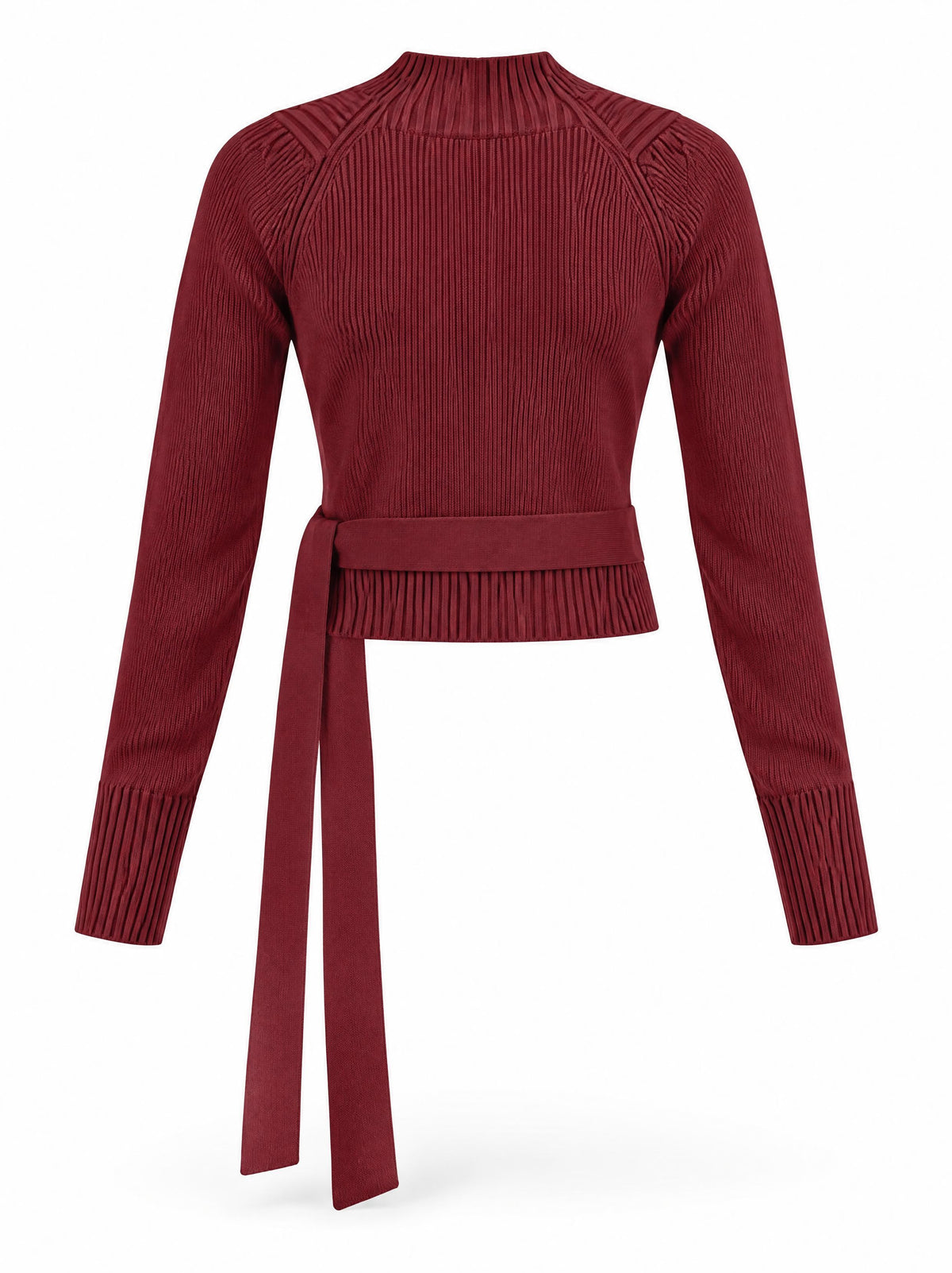 Karina Grimaldi Freya Knit Wrap Top in carbernet, back view, ribbed with a high neck and long sleeves