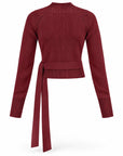 Karina Grimaldi Freya Knit Wrap Top in carbernet, back view, ribbed with a high neck and long sleeves