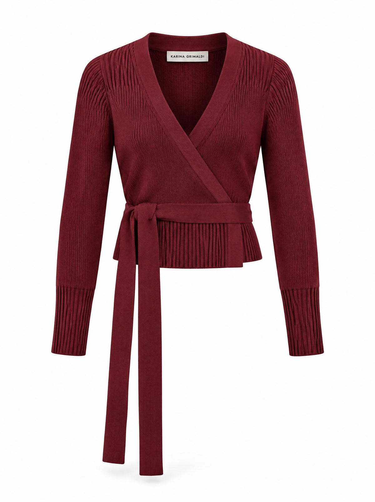 Karina Grimaldi Freya Knit Wrap Top in carbernet, front view, ribbed knit with a deep V wrap front and a self tie at the waist