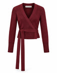 Karina Grimaldi Freya Knit Wrap Top in carbernet, front view, ribbed knit with a deep V wrap front and a self tie at the waist