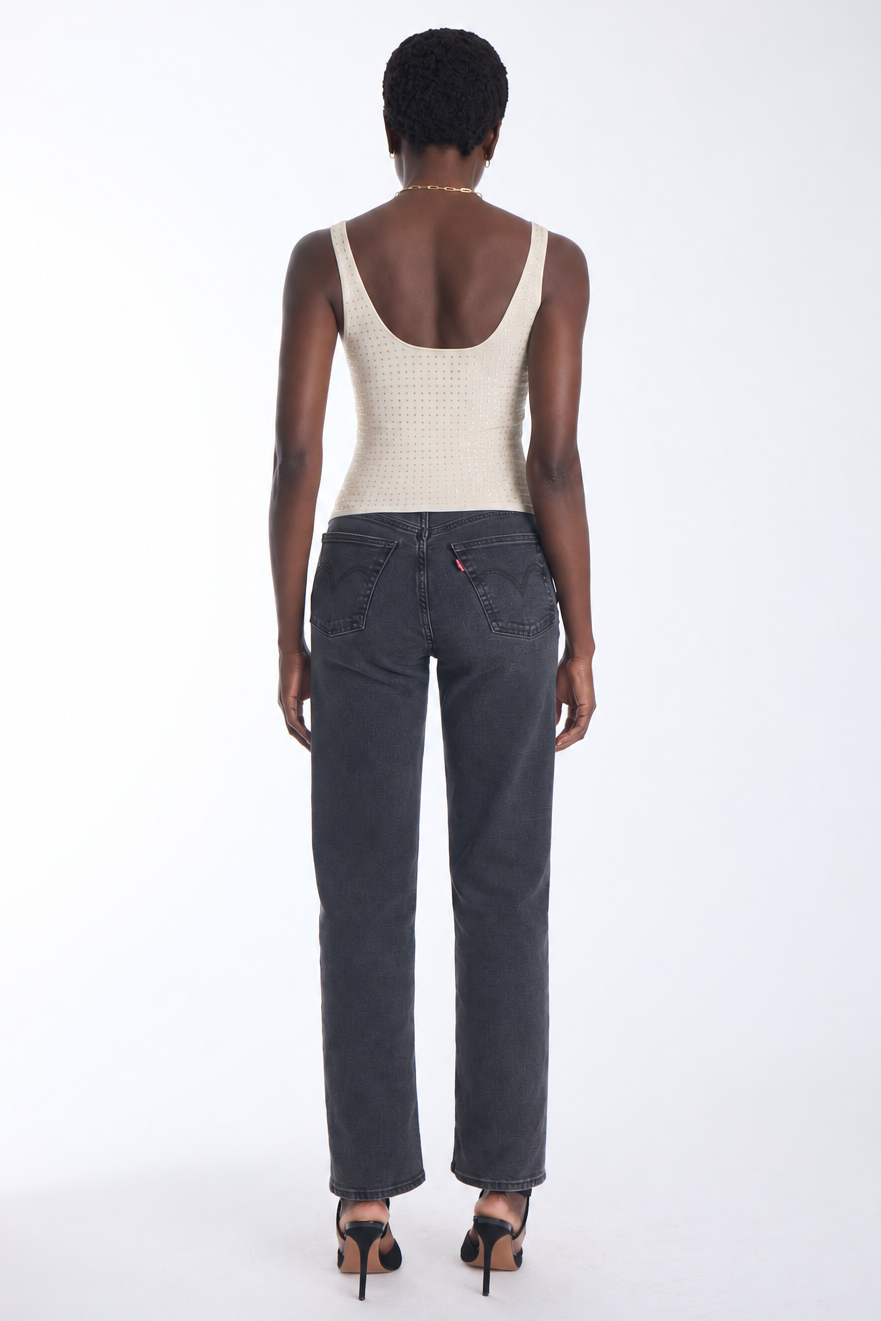 Karina Grimaldi Bowie Embellished Knit Tank in ivory, back view on model, scoop back, worn with jeans