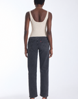 Karina Grimaldi Bowie Embellished Knit Tank in ivory, back view on model, scoop back, worn with jeans