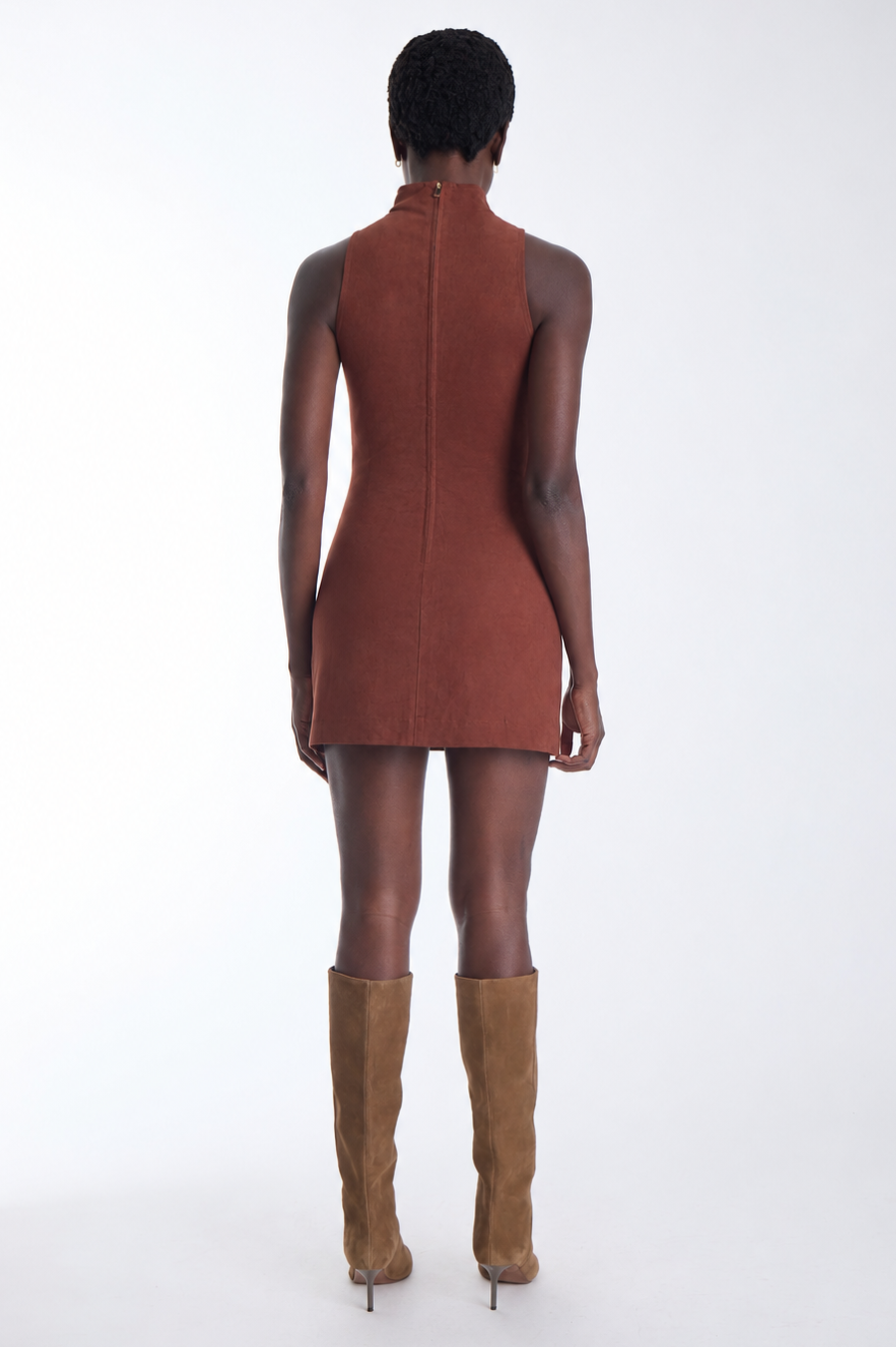 Kai vegan suede mini dress in copper cedar, back view on model.