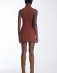Kai vegan suede mini dress in copper cedar, back view on model.