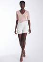 Maisson fine knit V neck top with elbow length sleeves, front view on model.