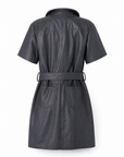 Karina Grimaldi Mallie Vegan Leather Mini Dress in navy, back view, yoke seam with belt loops and two patch pockets.