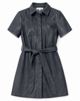 Karina Grimaldi Mallie Vegan Leather Mini Dress in navy, front view, pointed collar and button front with a self tie belt knotted at the waist.