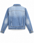 Karina Grimaldi Mica Denim Jacket in denim blue, back view, yoke seam across the back with buttoned cuffs.