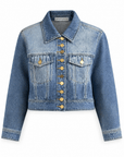 Karina Grimaldi Mica Denim Jacket in denim blue, front view, pointed collar with a gold button placket and two flap chest pockets.