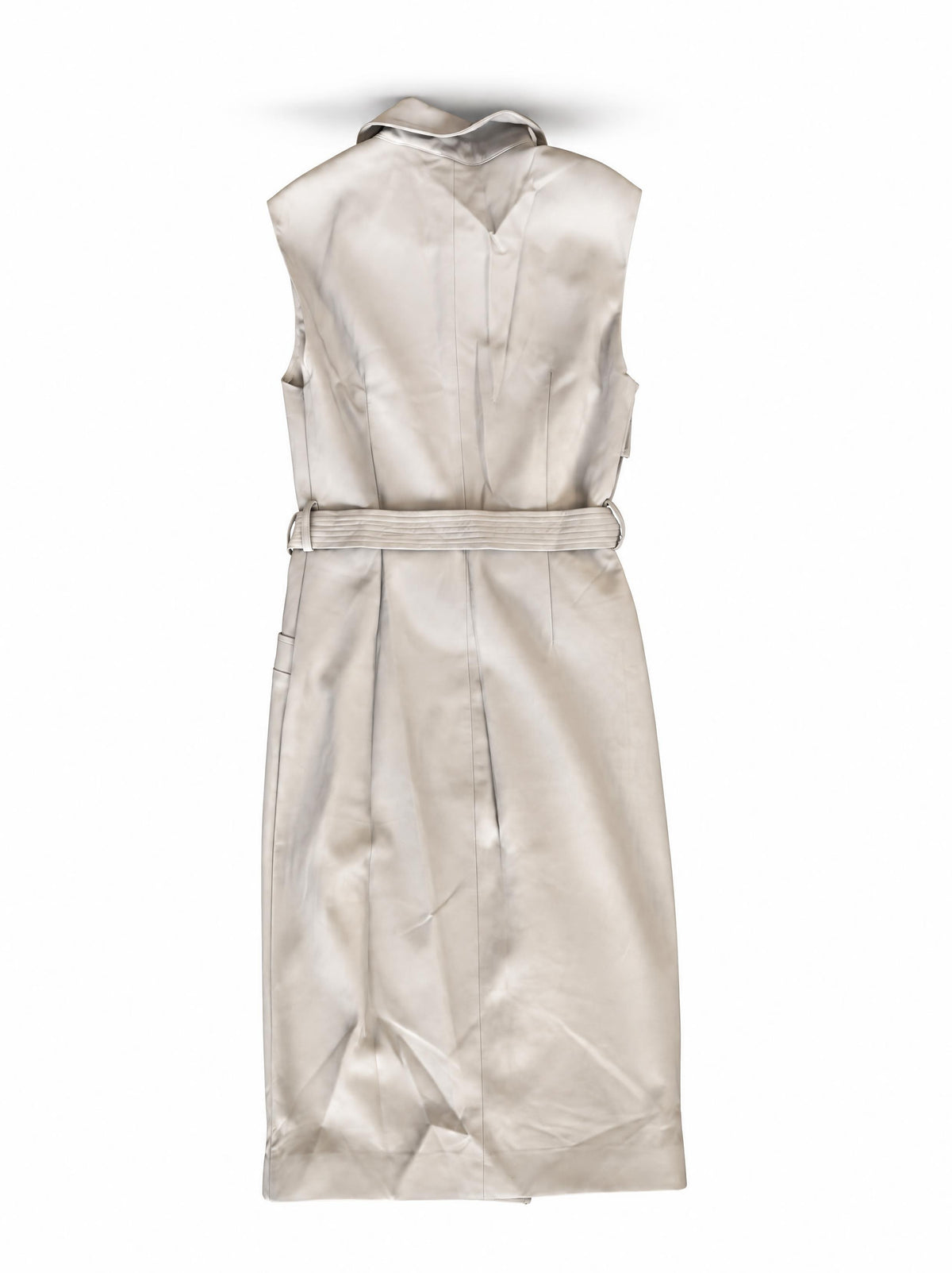 Karina Grimaldi Mila Vegan Leather Trench Dress in stone, back view with the belt tied at the waist