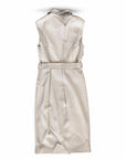 Karina Grimaldi Mila Vegan Leather Trench Dress in stone, back view with the belt tied at the waist