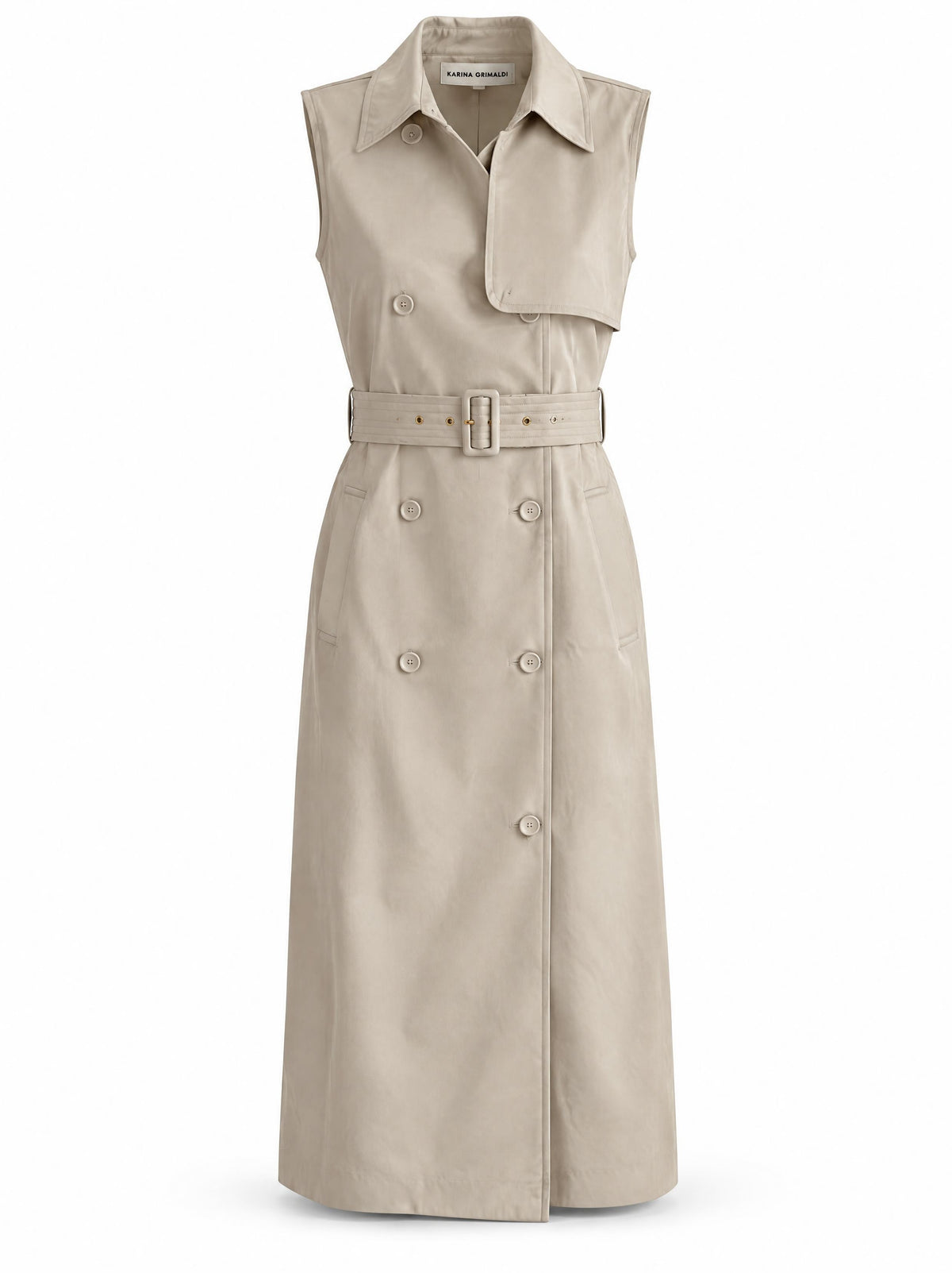 Karina Grimaldi Mila Trench Dress in stone, front view, sleeveless and double breasted with a belted waist