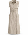 Karina Grimaldi Mila Trench Dress in stone, front view, sleeveless and double breasted with a belted waist